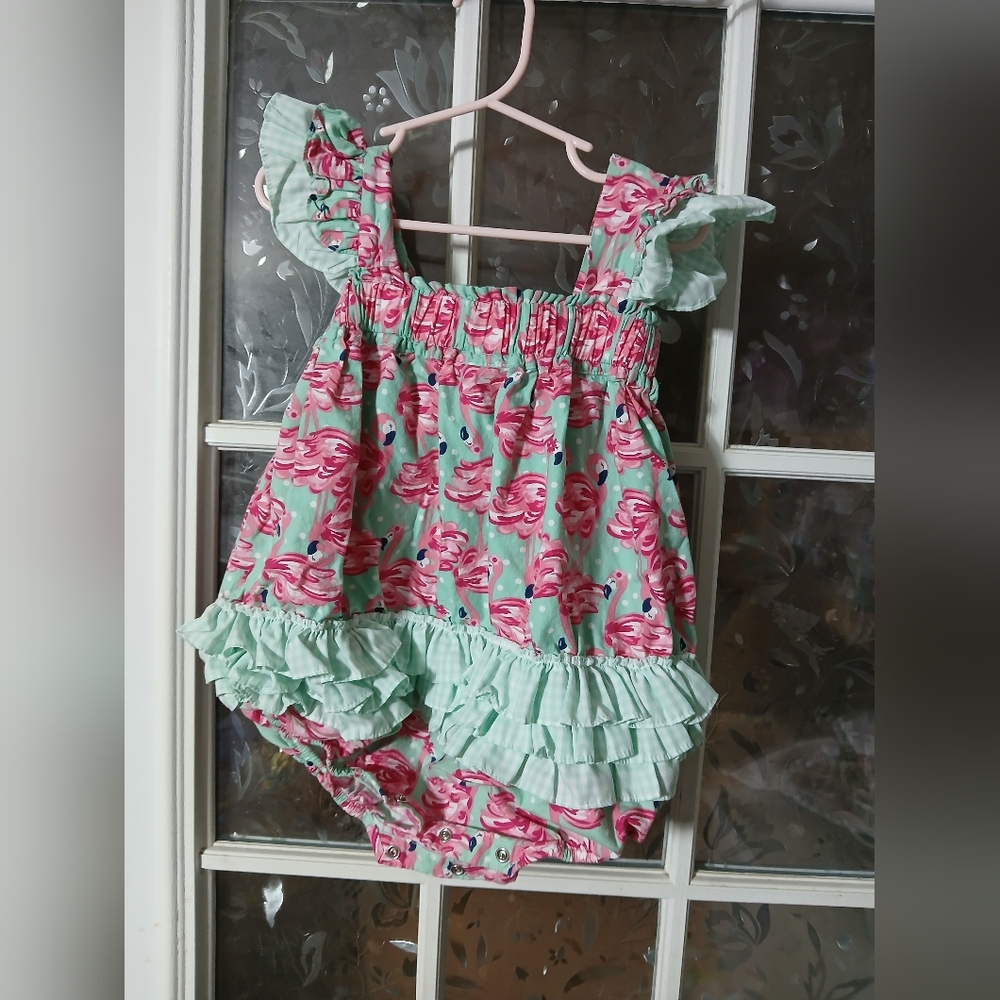 Natalie Grant Ruffle Romper Size 3t pink FlamingoPink Green Boutique Smocke